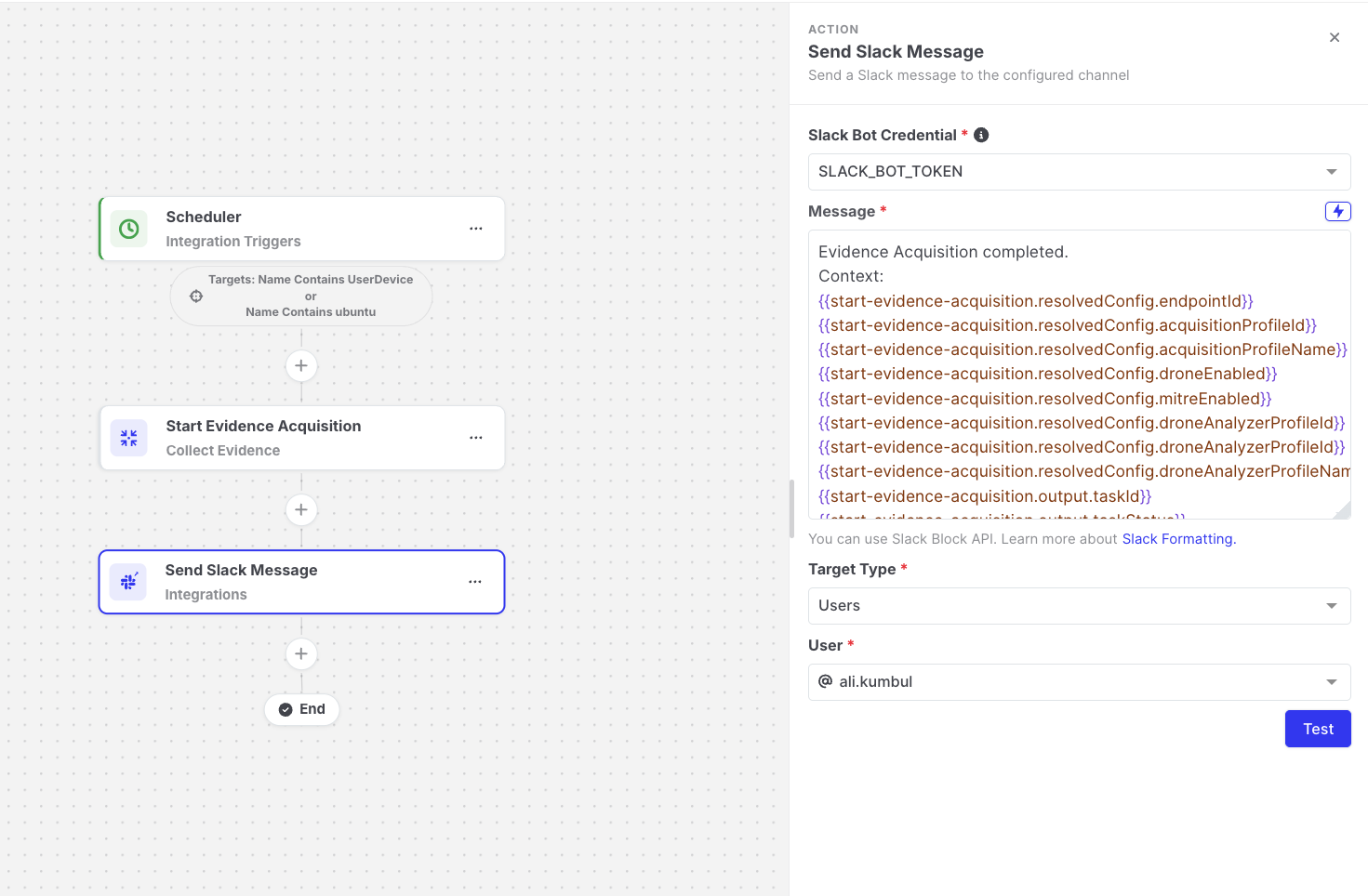 Send Slack Message: Action settings